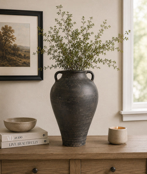 Approx. 14"H Charcoal Gray Vase with Two Handles (4.9" opening) image 2