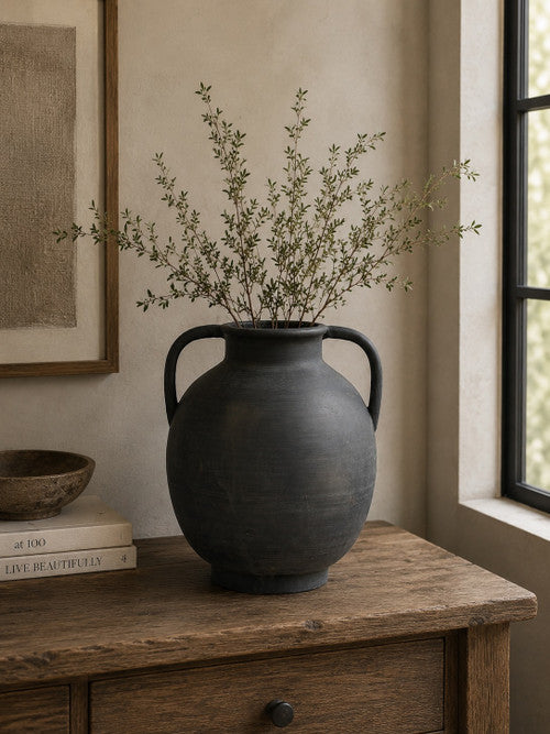 Approx. 14" High Charcoal Gray Pottery Vase with Two Decorative Handles (6.3" opening) image 2