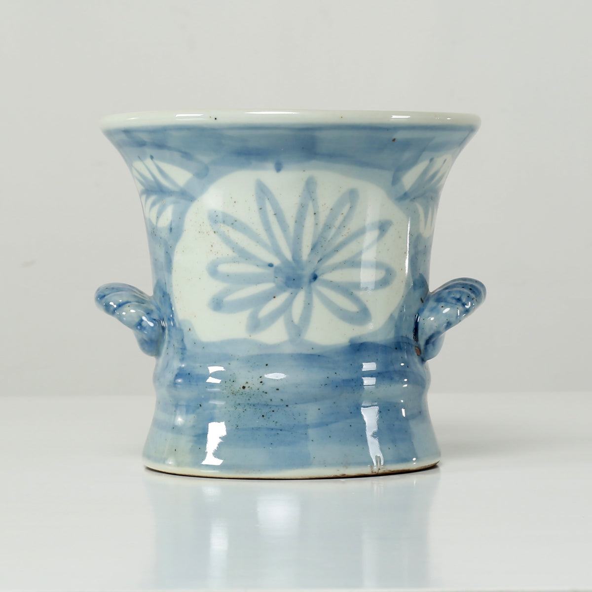 7.5" Wide Blue and White Decorative Vase with Floral and Leaf Motif
