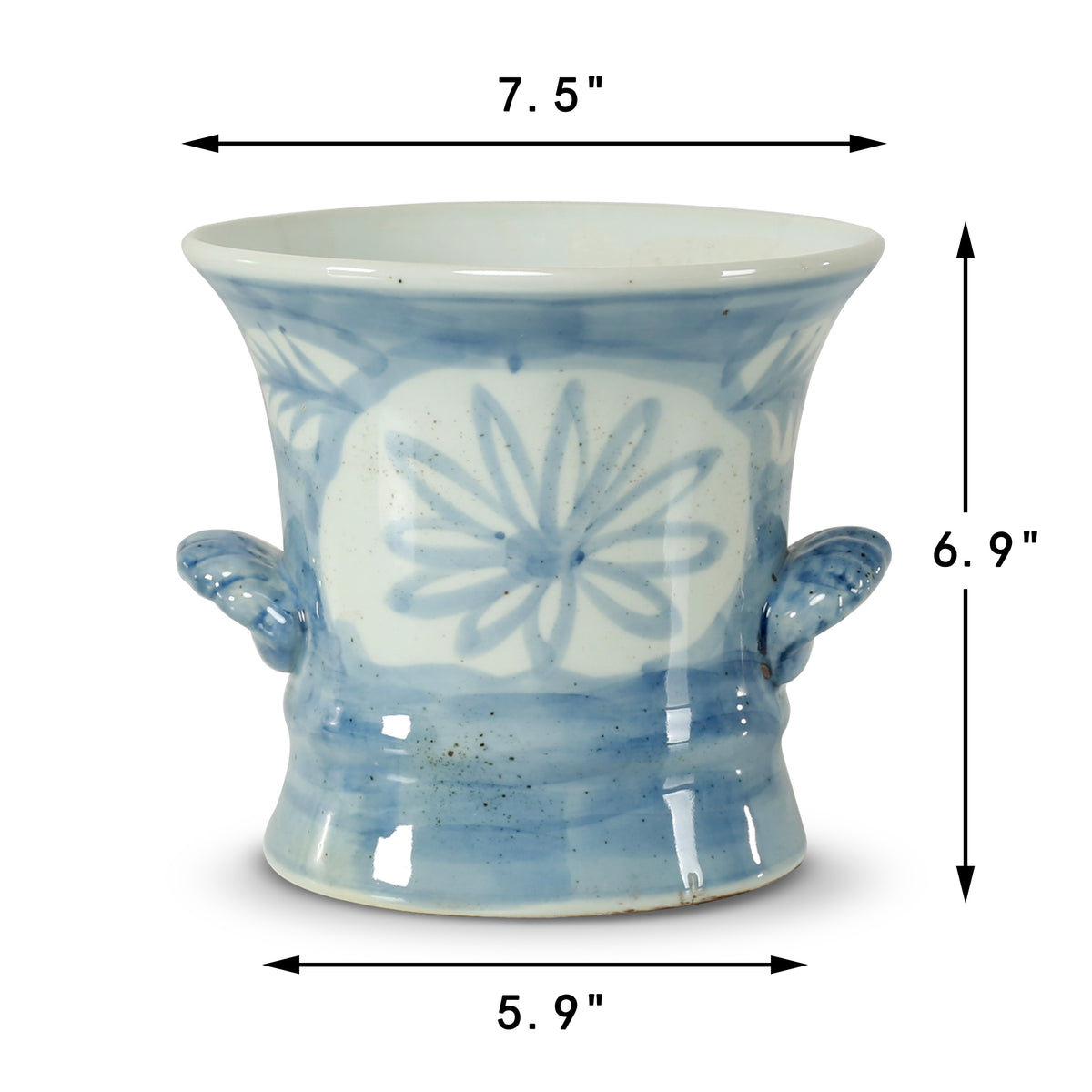 7.5" Wide Blue and White Decorative Vase with Floral and Leaf Motif