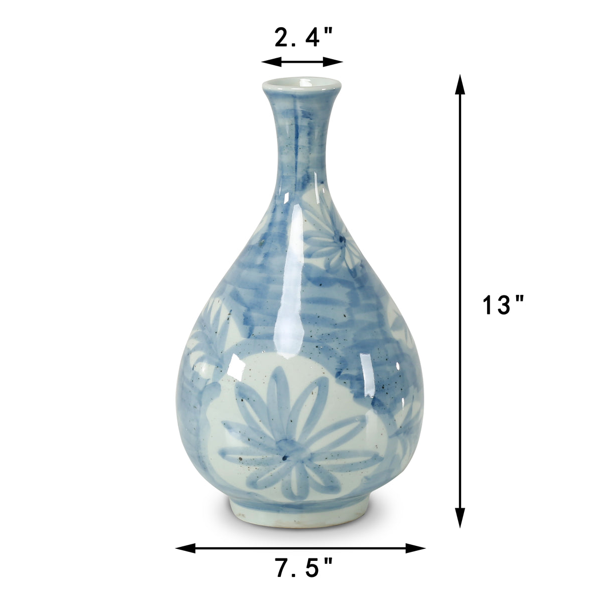 13" High Blue and White Decorative Vase with Floral and Leaf Motif