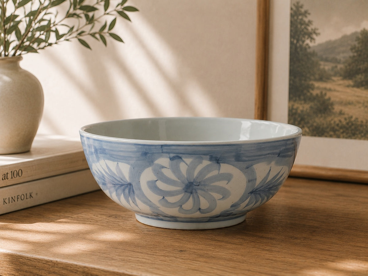 13.7 Inches Wide Blue and White Bowl with Floral and Leaf Motif