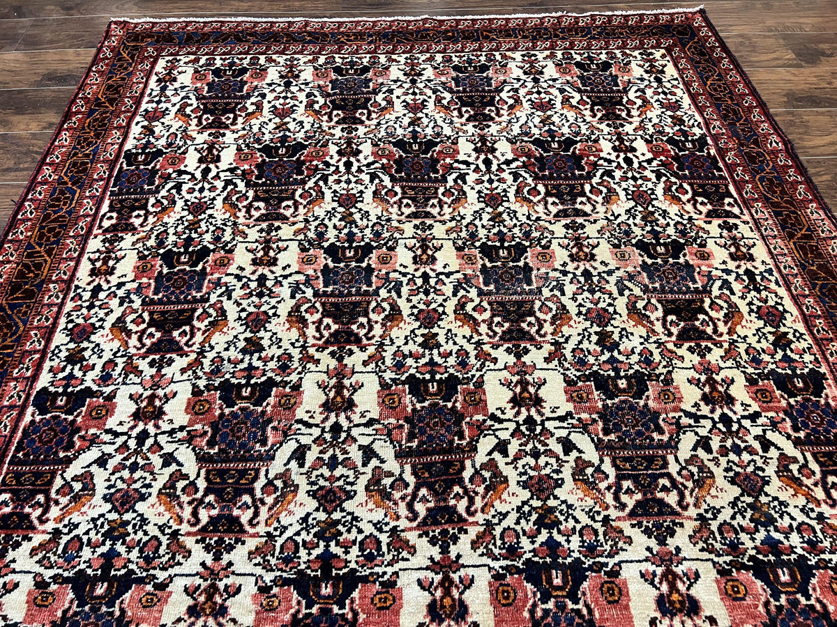 Persian Afshar Rug 6x8, Wool Hand Knotted Semi Antique Vintage Carpet, Floral Allover, Repeated Birds Flowers Vases Motifs - Jewel Rugs, view 3