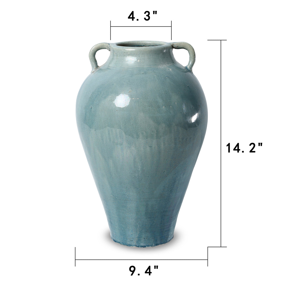 Approx. 14" H Vintage Style Blue-Green Vase with Two Handles( 4.3" Opening)
