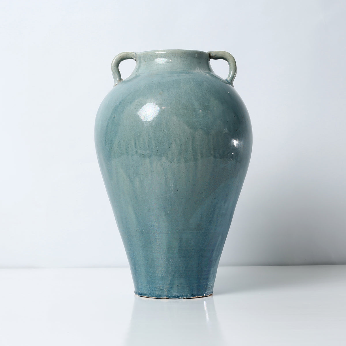 Approx. 14" H Vintage Style Blue-Green Vase with Two Handles( 4.3" Opening)