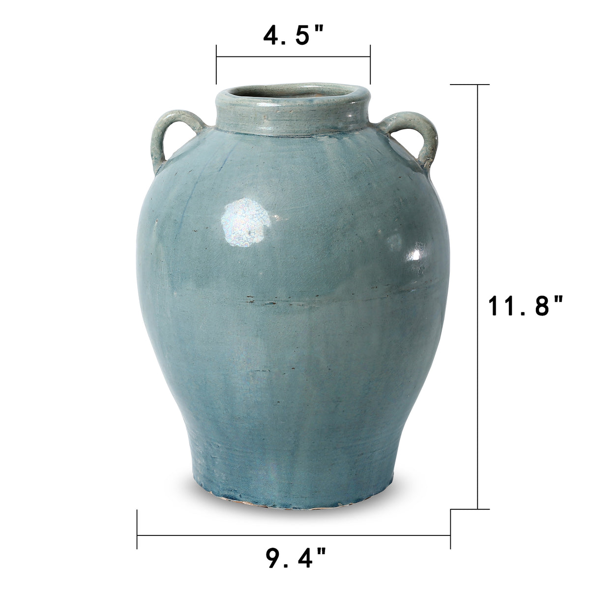 Approx. 12" H Vintage Style Blue-Green Vase with Two Handles (4.5" Opening)