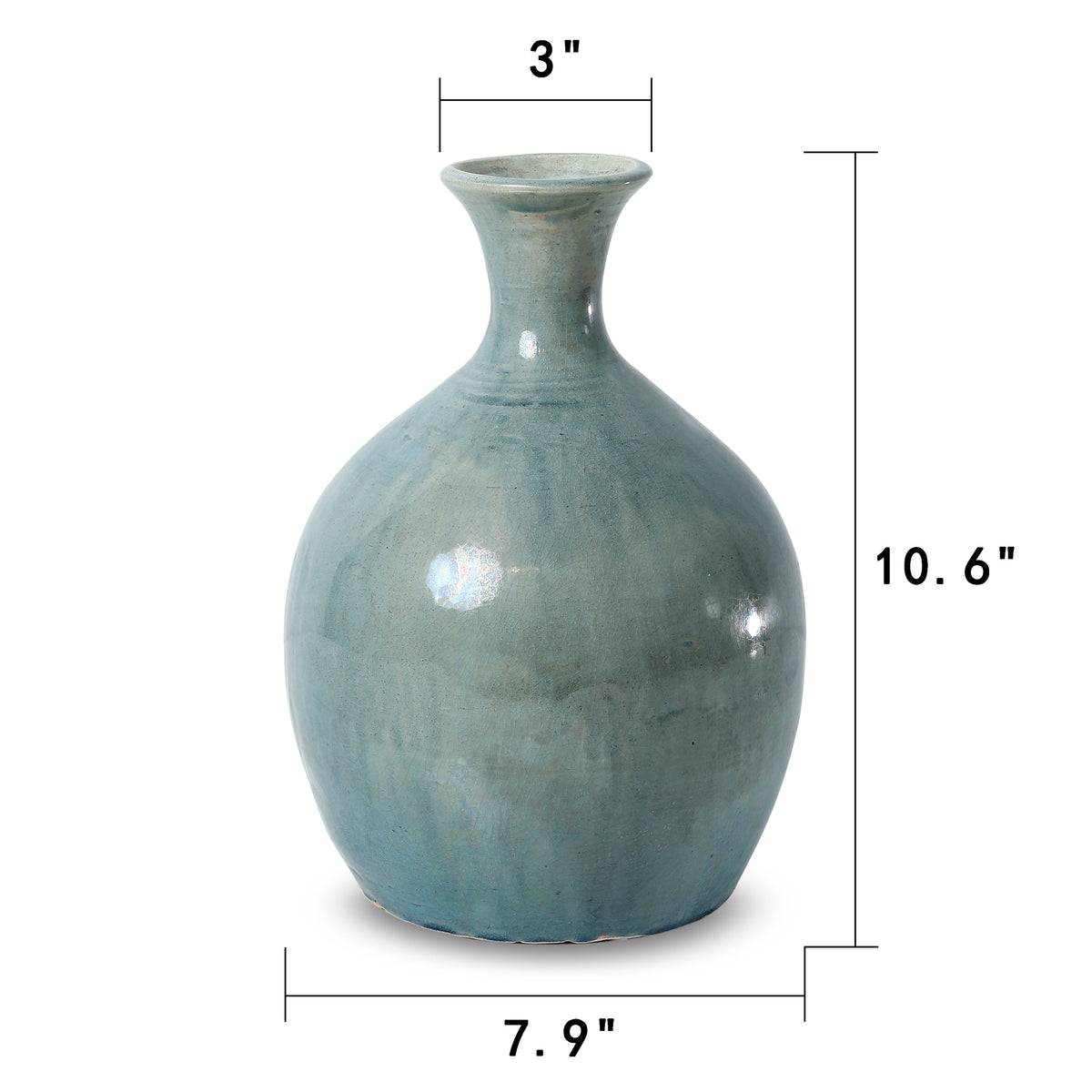 Approx. 10" H Vintage Style Blue-Green Vase (3" Opening)