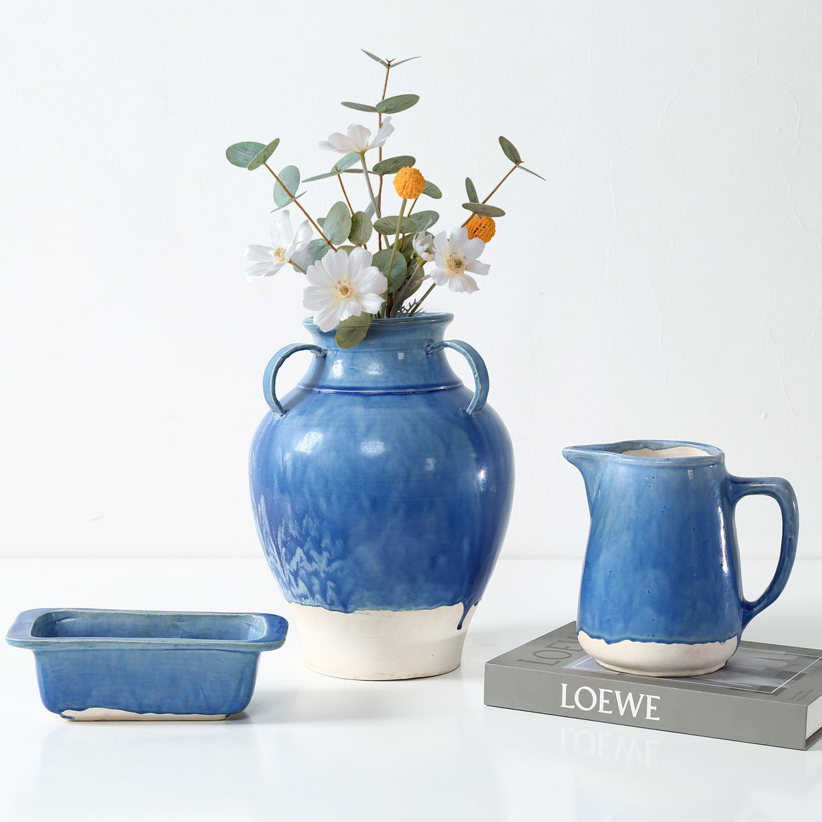 Approx. 11 Inches High Blue-Green Vase with Three Handles (4.7" Opening)