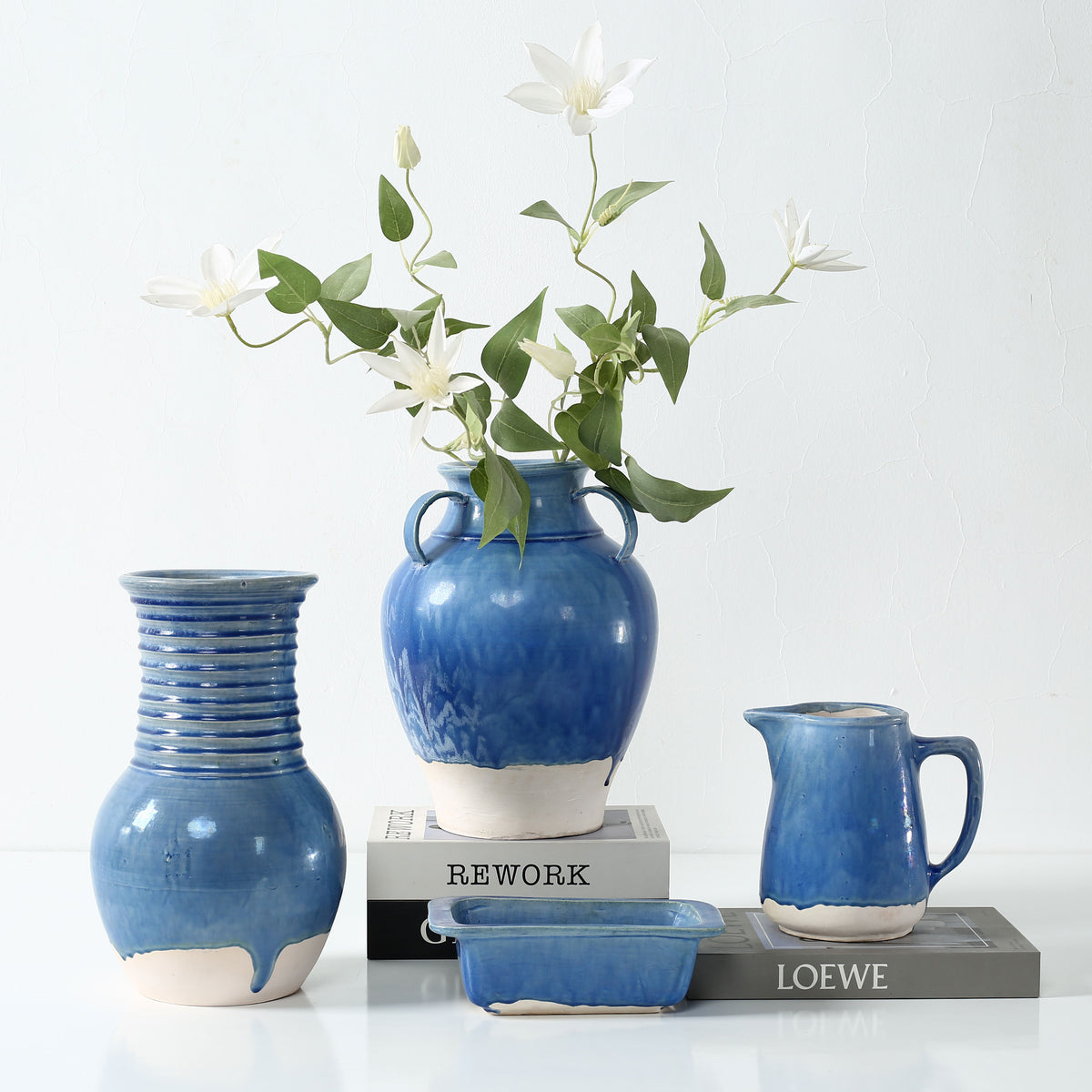 Approx. 11 Inches High Blue-Green Vase with Three Handles (4.7" Opening)