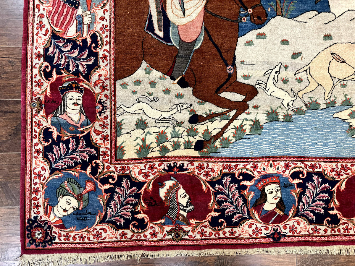 Rare Persian Kashan Pictorial Rug 6x9, King Bahram Hunting Scene, Persian Kings, Hand Knotted Persian Rug for Wall Hanging, Antique, Wool - Jewel Rugs, view 10
