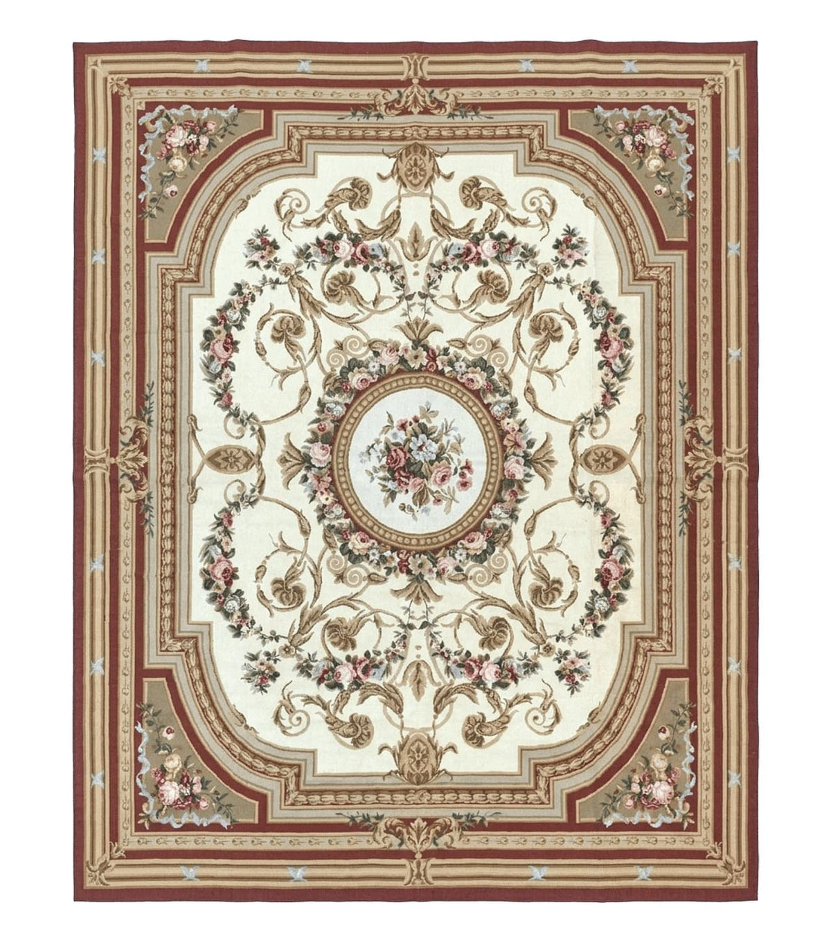 Aubusson Needlepoint Rug 9x11, Handmade Vintage Wool Flatweave Carpet, Elegant European Rug, Floral, Cream - Jewel Rugs