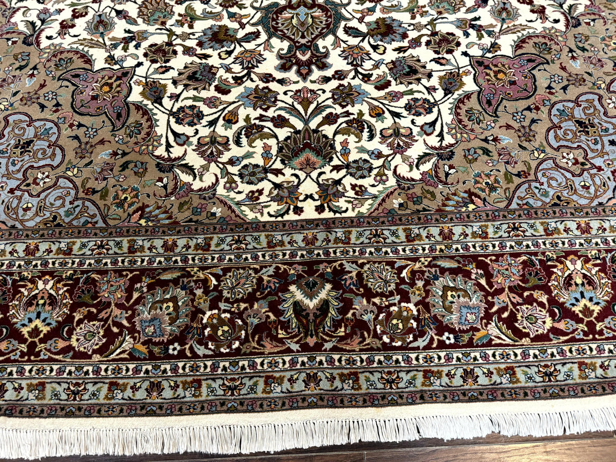 Persian Tabriz Rug 8x11, Floral Medallion Traditional Area Rug, Fine 300 KPSI, Ivory Maroon - Jewel Rugs, view 5