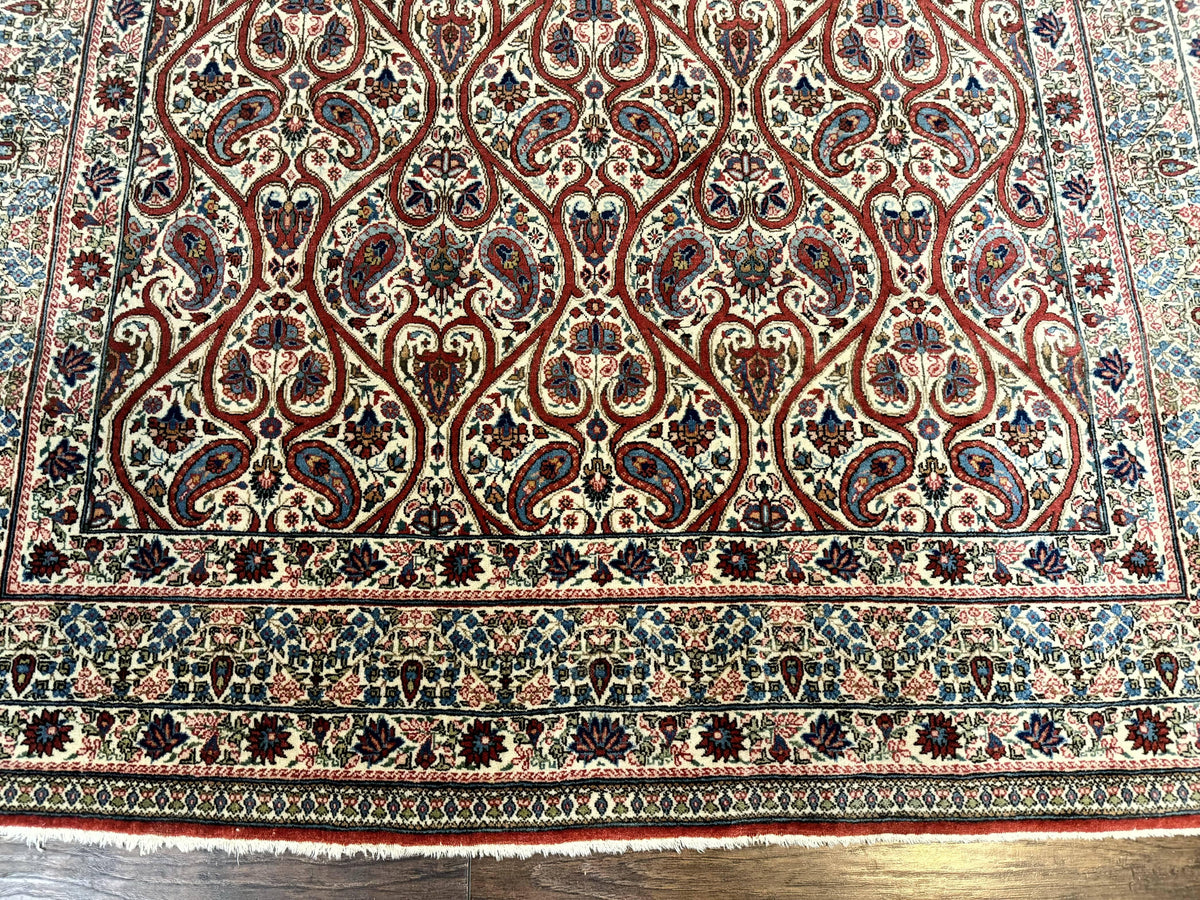 Unique Persian Qum Rug 5x7, Repeated Paisely Boteh Design, Ivory Red Blue, Handmade Antique Wool Persian Carpet, Finely Hand Knotted - Jewel Rugs, view 6