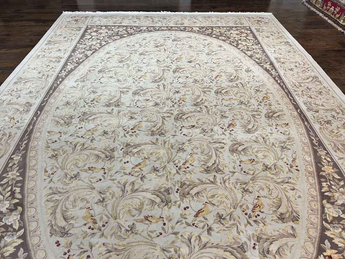 Aubusson Rug 10x14, Wool & Silk Highlights Hand Knotted Vintage Carpet, Birds Flowers, Fine Details, Elegant - Jewel Rugs, view 12