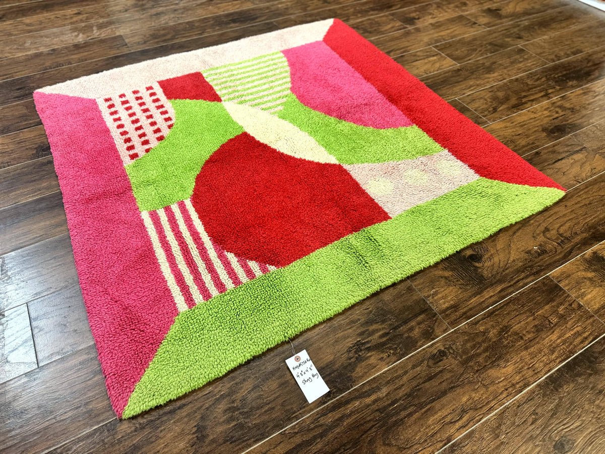 European Shag Rug 4.8 x 4.8, Modern Abstract Design, Green Pink Red, Square Shag Rug, Unique - Jewel Rugs, view 11