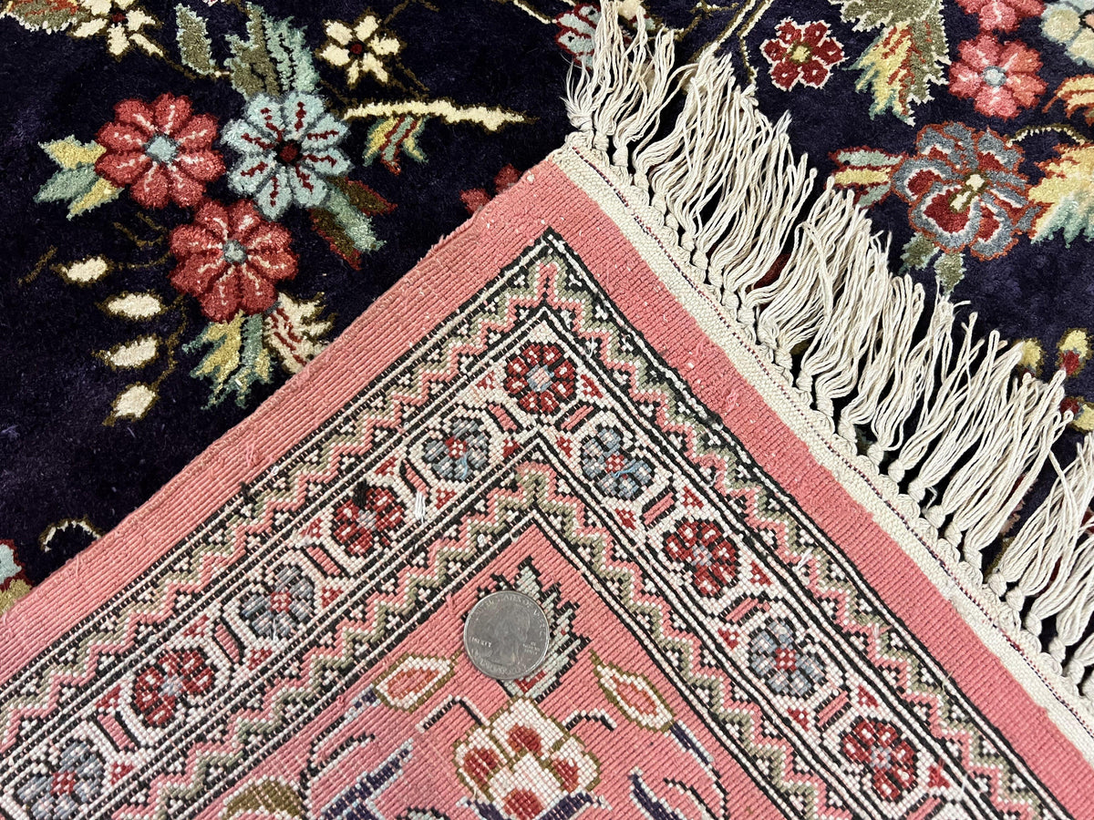 Stunning Silk Persian Qum Rug 7x9, Finely Hand Knotted Navy Blue & Salmon Floral Medallion Authentic Oriental Carpet, Vintage Handmade Silk Ghom Rug, Silk on Silk - Jewel Rugs, view 10
