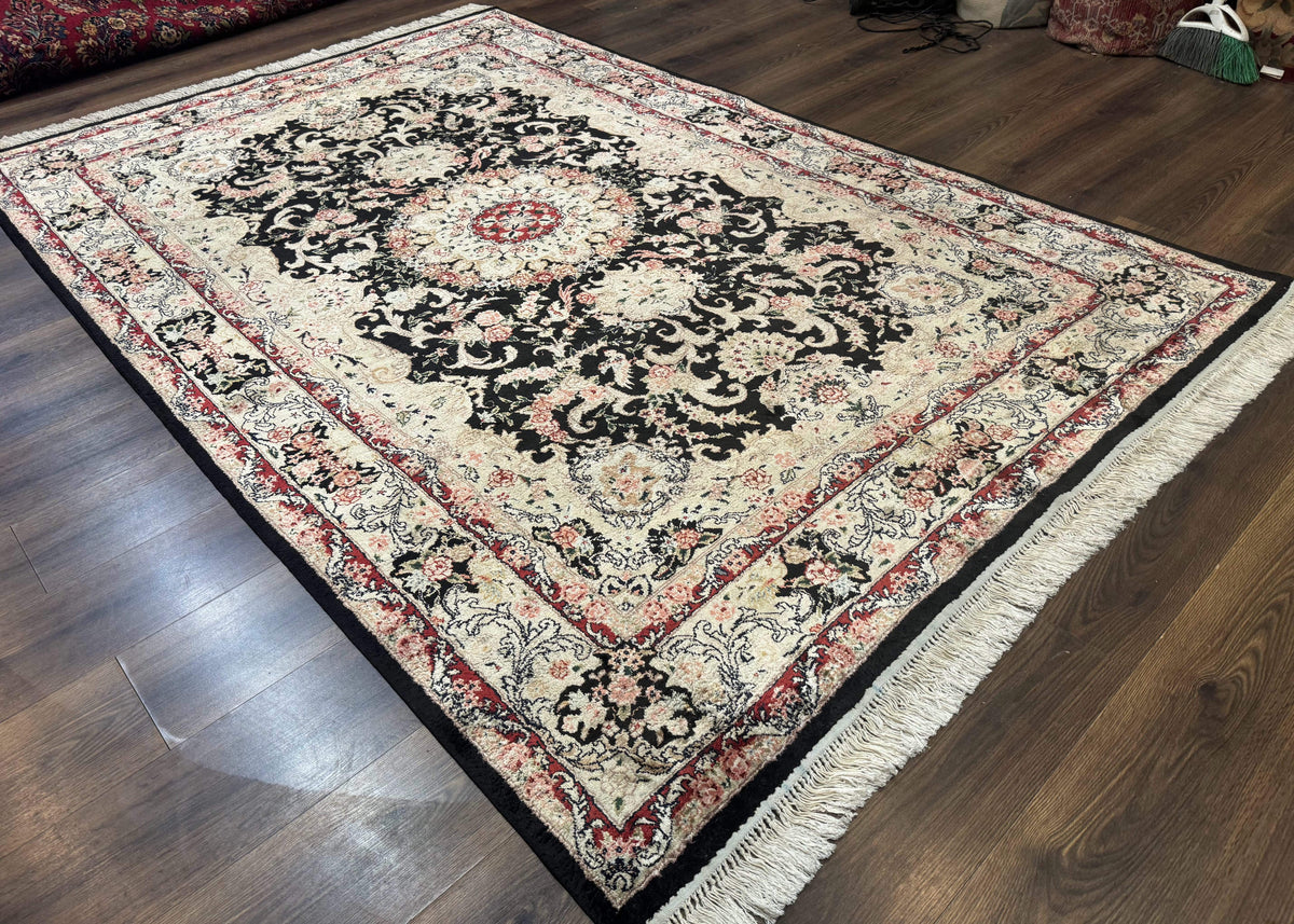 Indian Kashmiri Silk Rug, Floral Medallion, Vintage Hand Knotted Carpet - Jewel Rugs, view 12