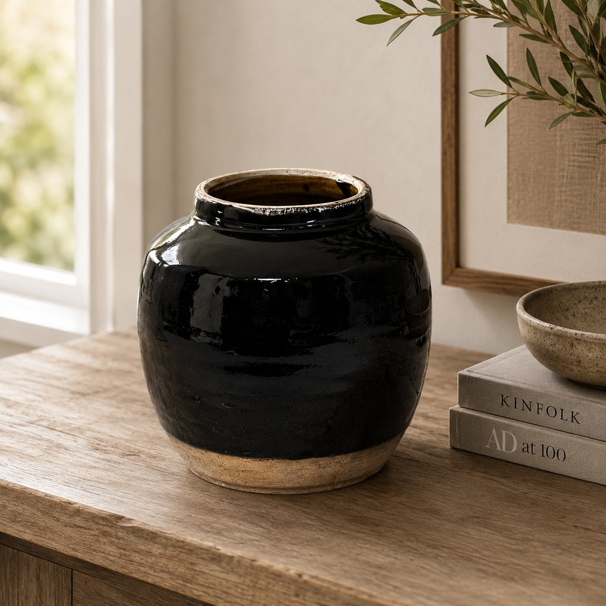 Approx. 7-9 Inches Tall Vintage oil pot with black glaze Medium (size vary)