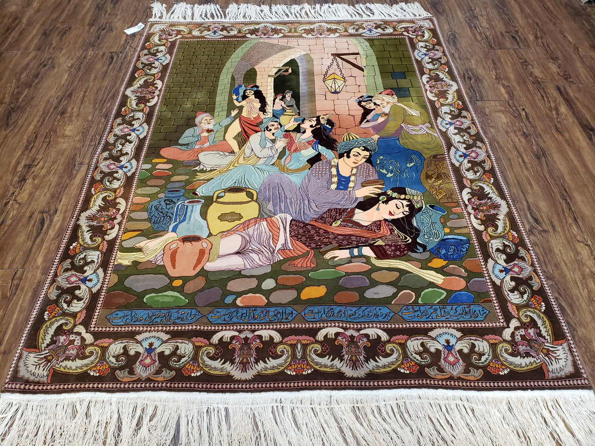 Semi Antique Persian Isfahan Pictoral Rug 4.10x6.1, Wool Handmade High Quality Decorative Carpet - Jewel Rugs, view 2