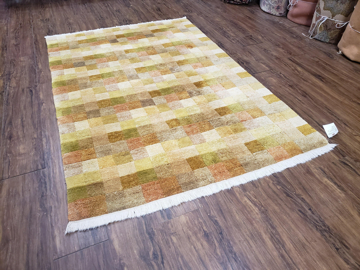 4x6 Tibetan Rug, Modern Abstract Handmade Area Rug, Checkerboard Pattern, Neutral Ivory Gold Tan Colors, Soft Pile, Mid Sized Rug, Nepali - Jewel Rugs, view 13