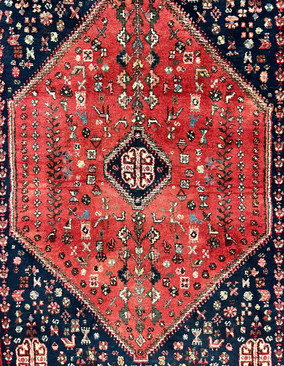 Persian Tribal Rug 3.6 x 5 ft, Persian Abadeh Rug, Geometric Medallion Bird Motifs, Red and Navy Blue Hand Knotted Handmade Wool Vintage Oriental Carpet - Jewel Rugs, view 8