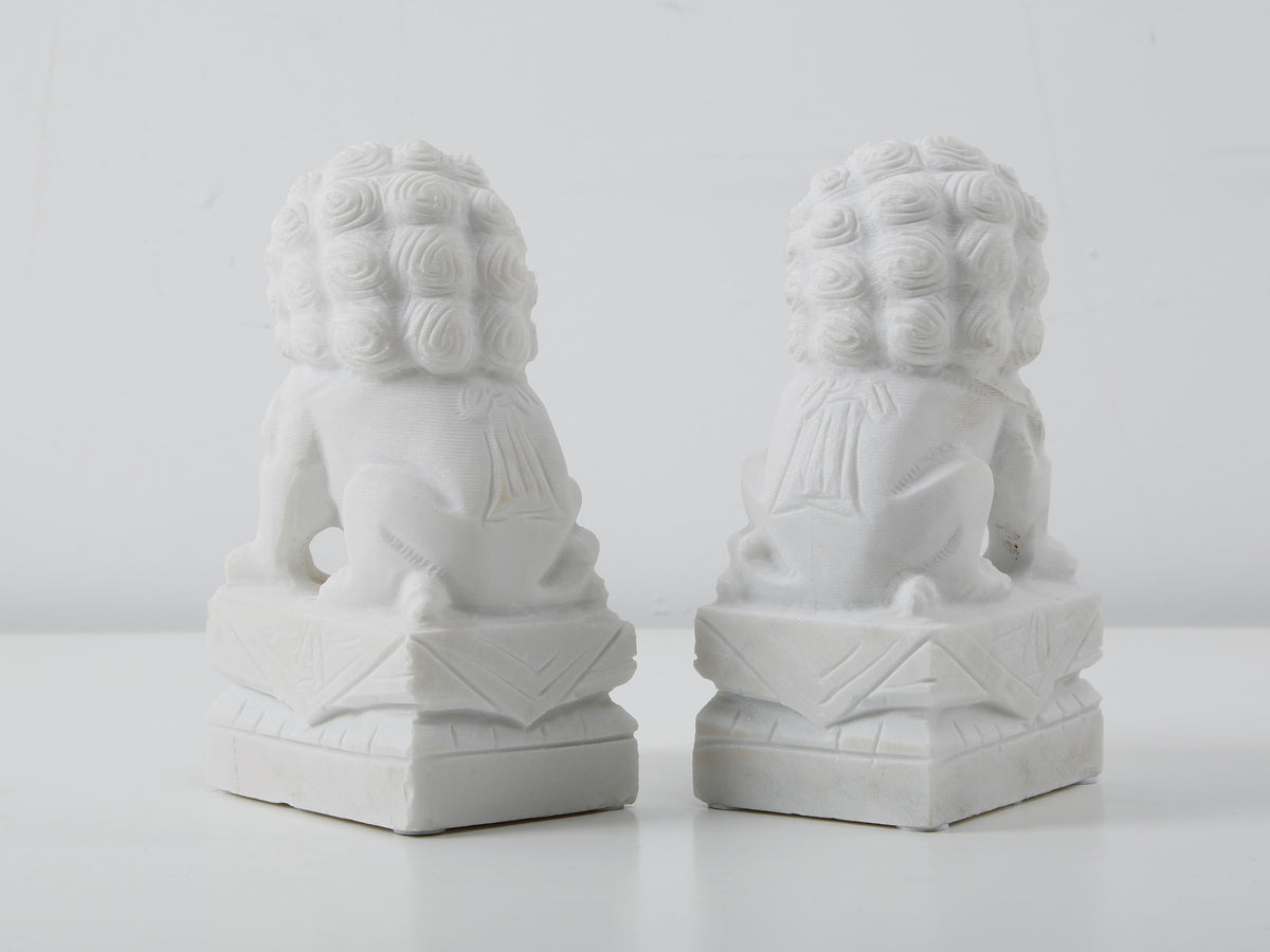 8" Pair of White Marble Guardian Lion Medium