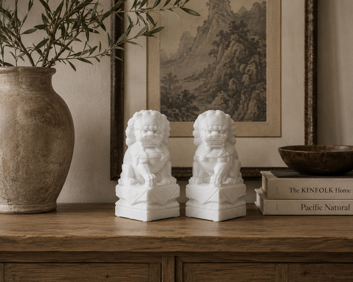 8" Pair of White Marble Guardian Lion Medium