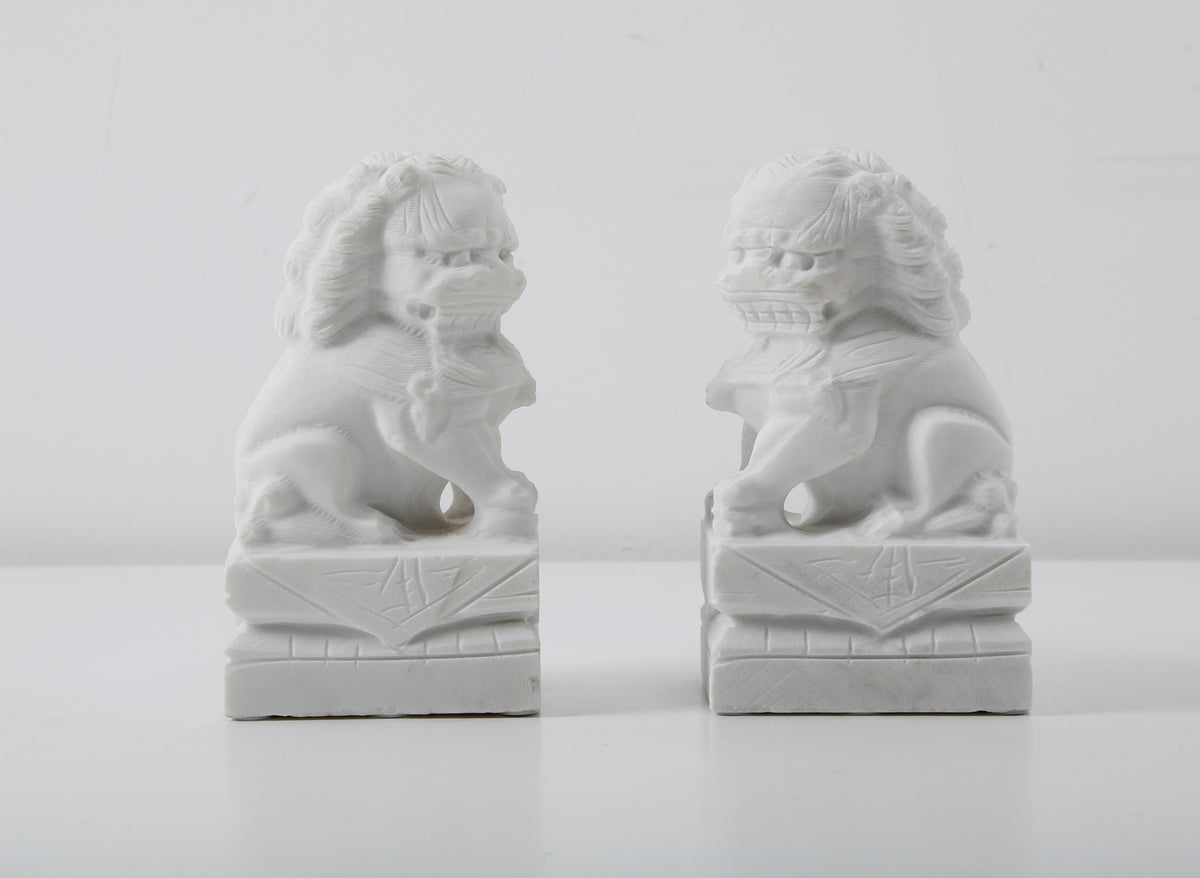 8" Pair of White Marble Guardian Lion Medium
