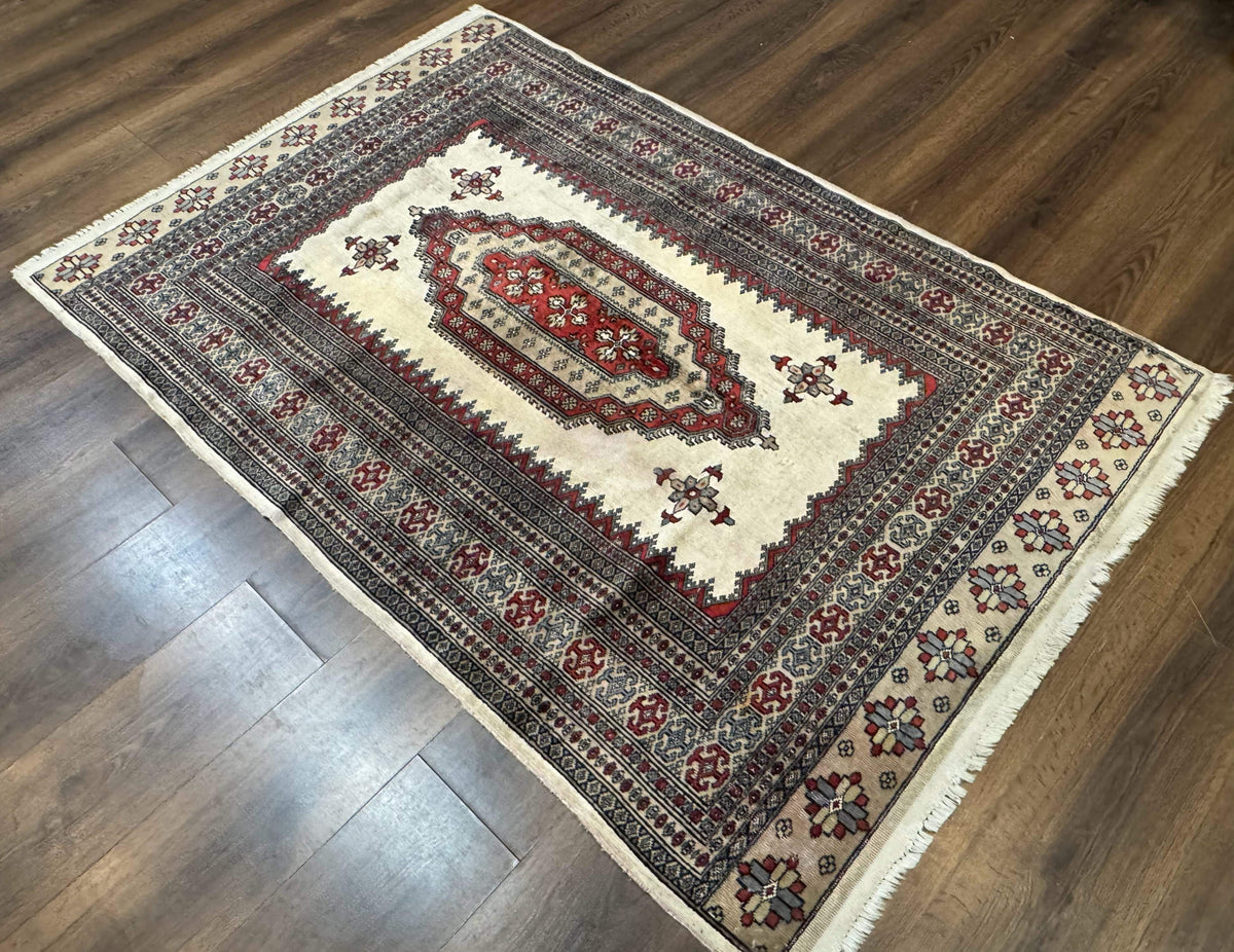 Pakistani Turkoman Rug 4x6, Semi Open Field, Ivory, Vintage - Jewel Rugs, view 4