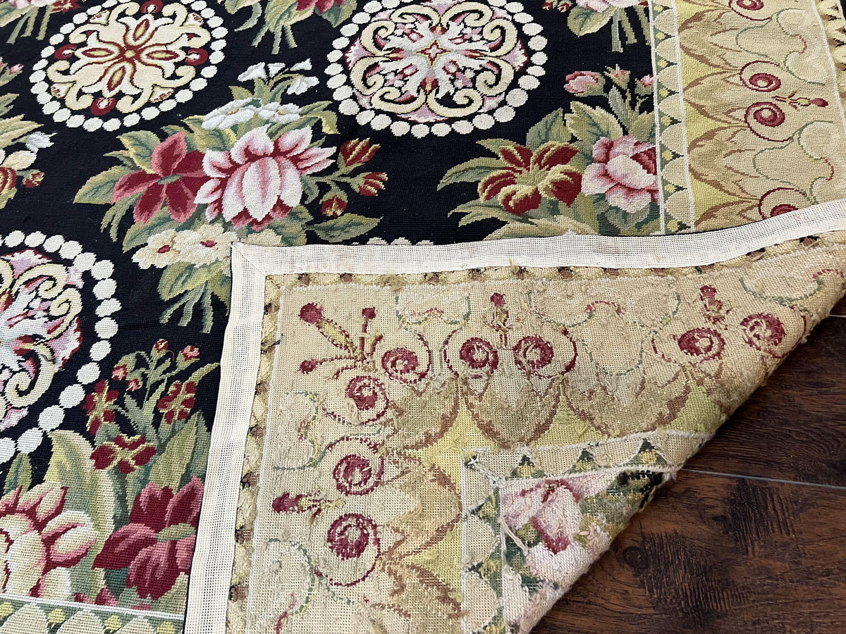 9x12 Black Needlepoint Rug, European Floral Panel Design, Handwoven, Vintage Chinese Needlepoint, Black Green Beige, Wool Rug 9 x 12 - Jewel Rugs, view 11