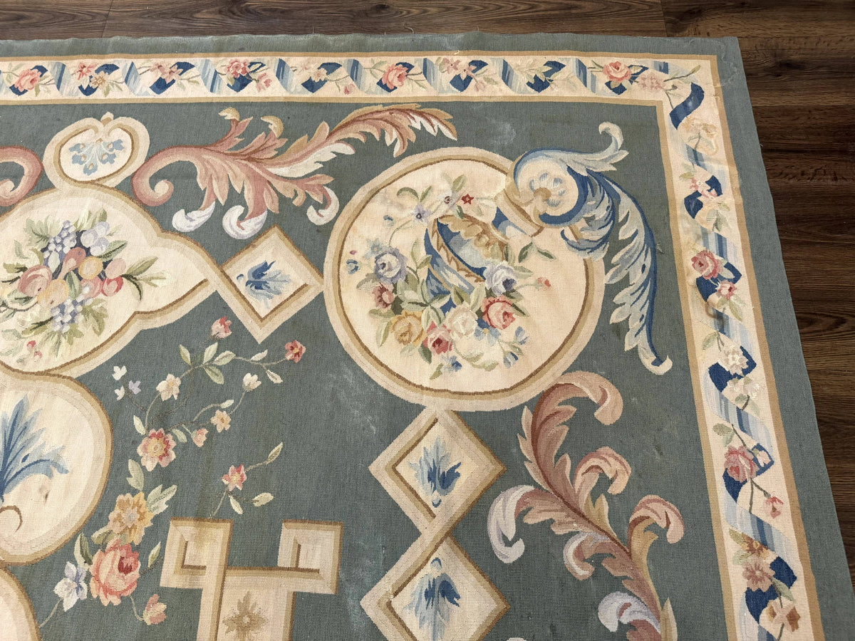 Aubusson Rug 9x12, Muted Sage Green and Cream, European Design - Jewel Rugs, view 8