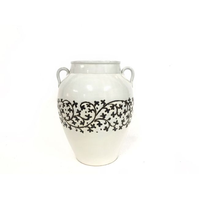 Hand Painted Vase With two Handle-White/ Black-Leaf Scroll Large