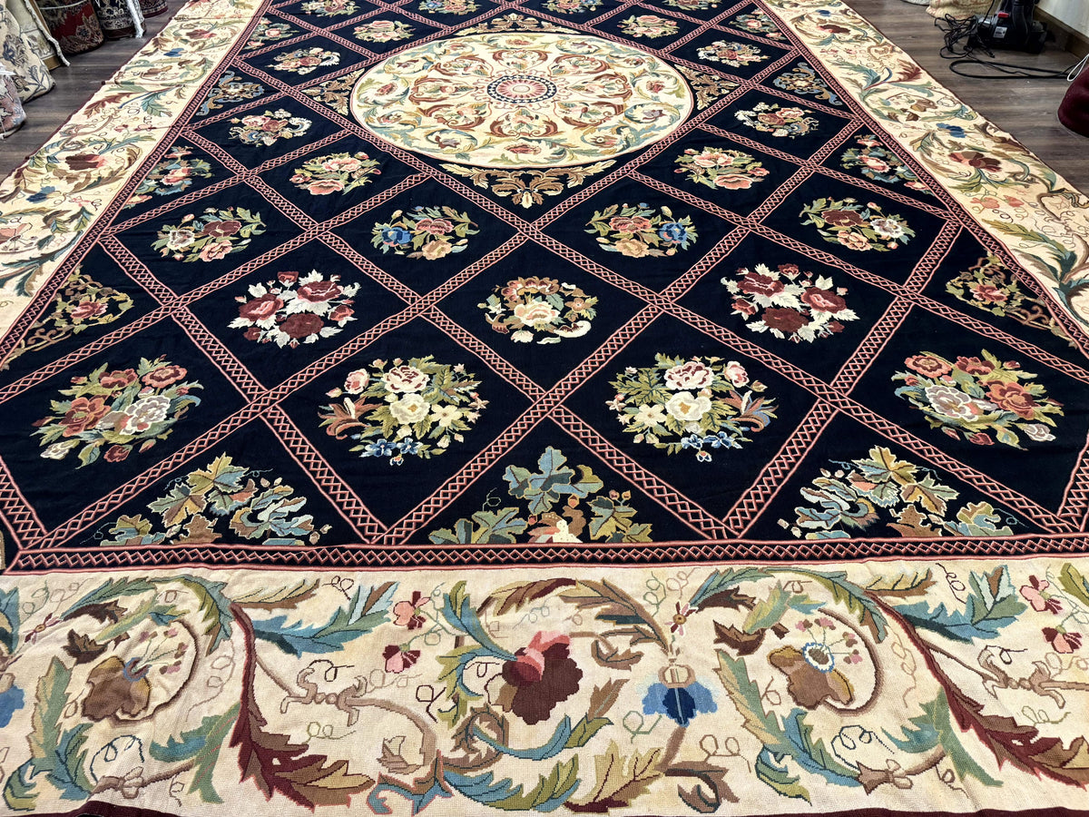 Palace Size Needlepoint Rug 12x20, European French English Aubusson Floral Design, Black and Beige - Jewel Rugs, view 5