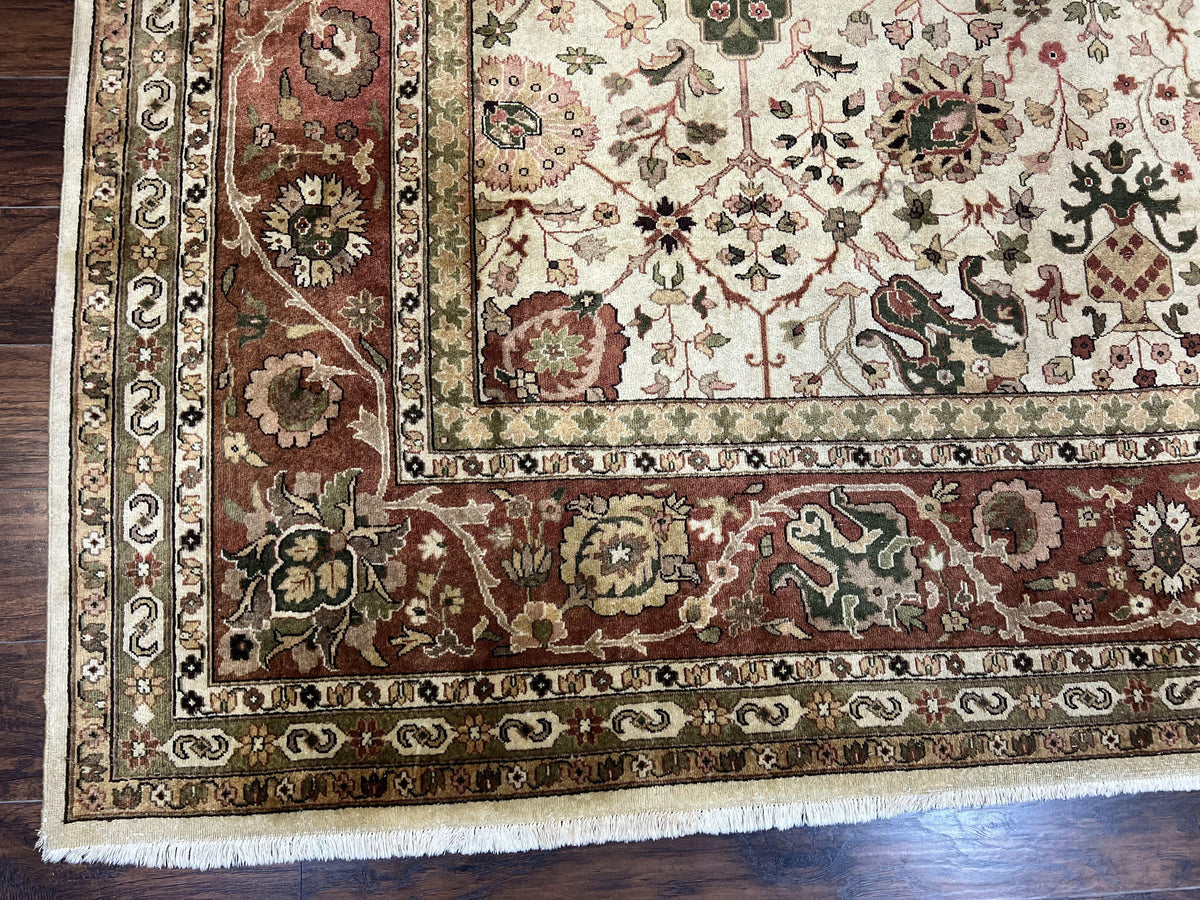 Large Indian Rug 10x14, Hand Knotted Indo Persian Gandehar Oriental Carpet, Vintage Wool Rug 10 x 14 ft Cream Red Floral Allover Traditional - Jewel Rugs, view 9