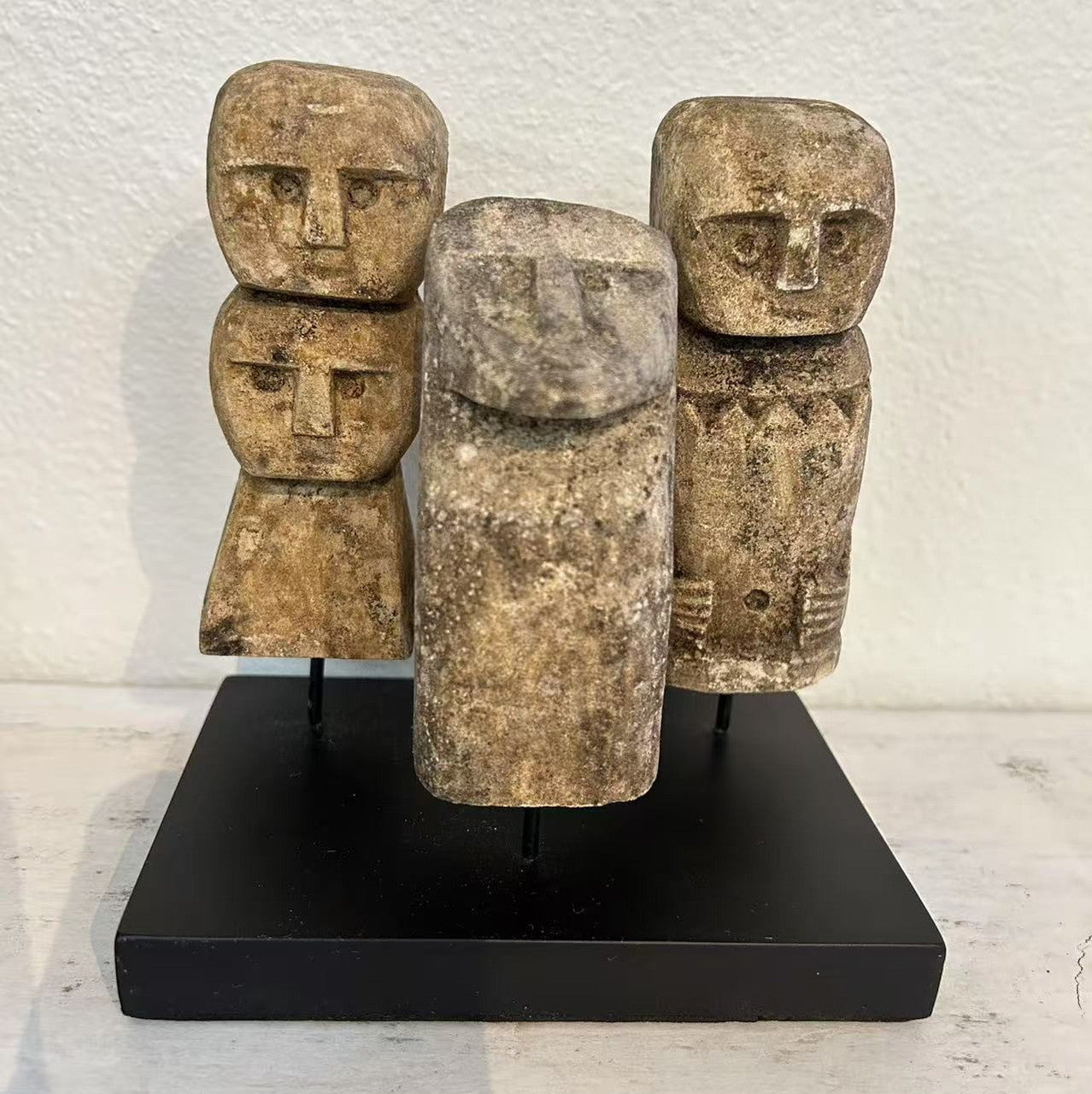 Hand Carved Approx. 7" High Sumba Statue Set of Three with Stand