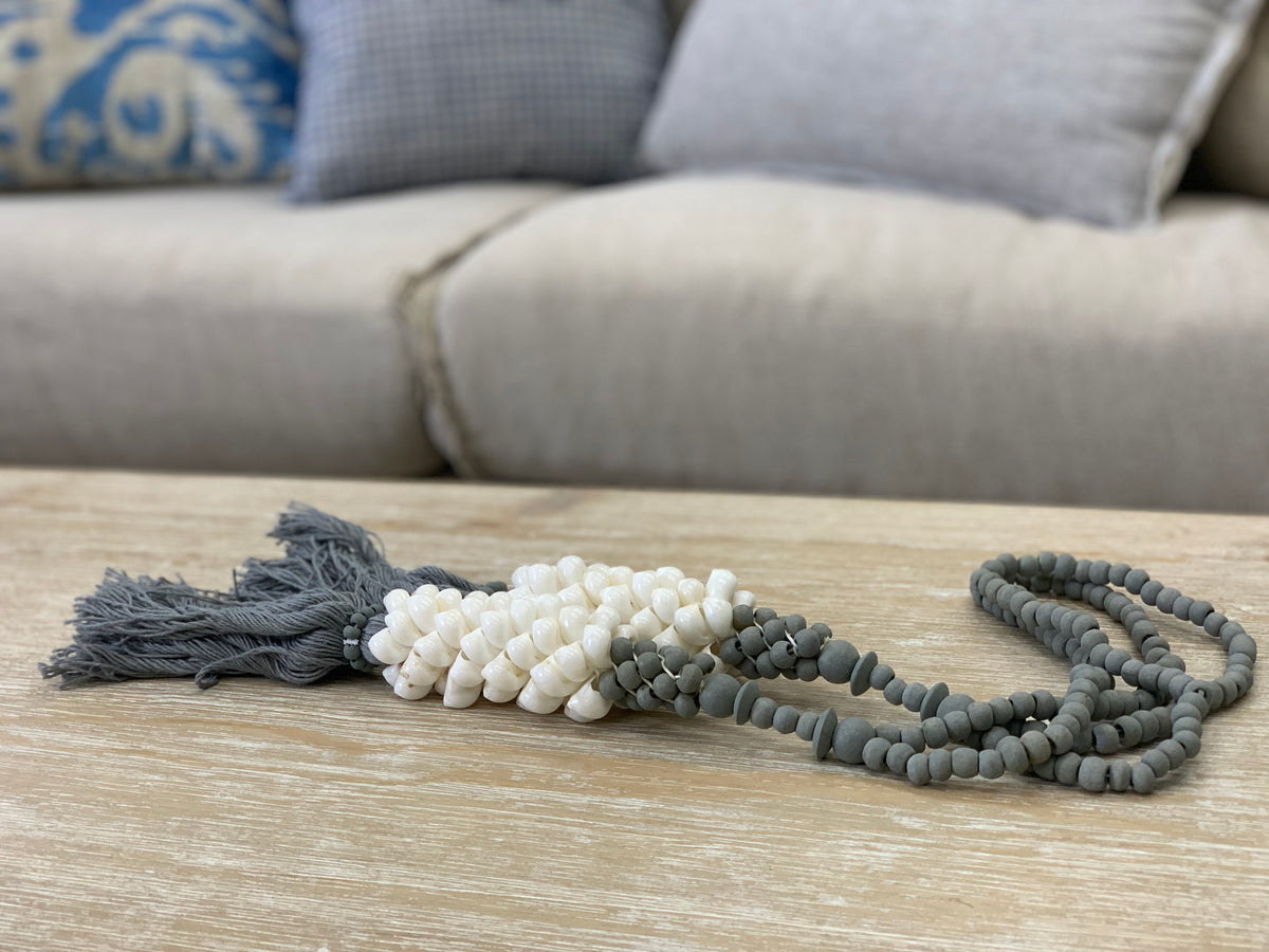 White Shell Light Gray Tassels 26"Long