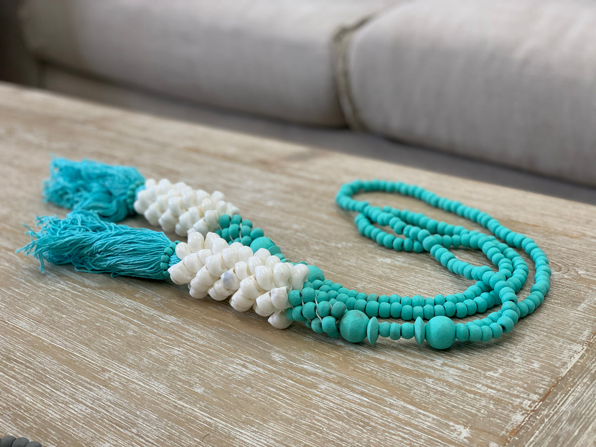 White Shell Light Blue Tassels 26"Long