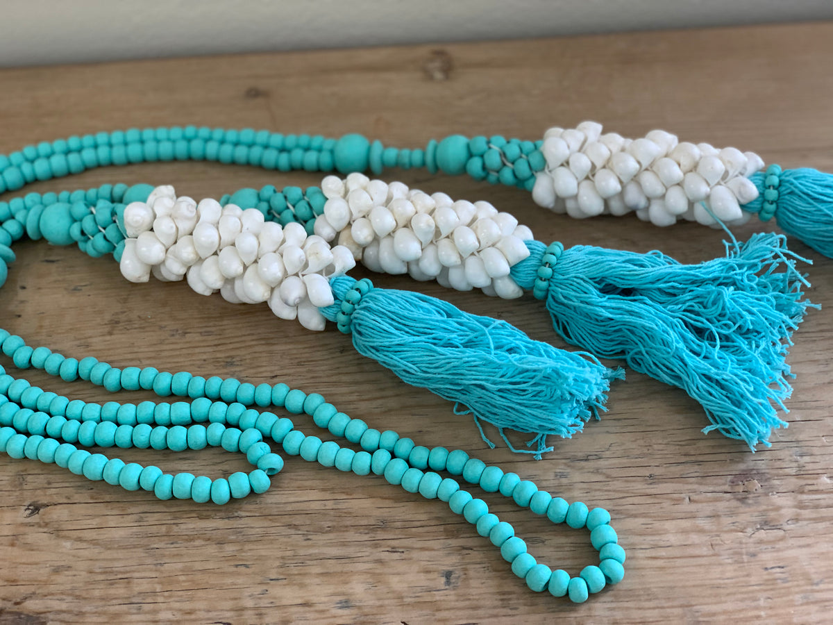 White Shell Light Blue Tassels 26"Long
