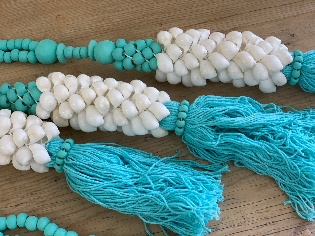 White Shell Light Blue Tassels 26"Long
