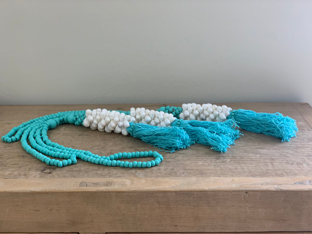 White Shell Light Blue Tassels 26"Long