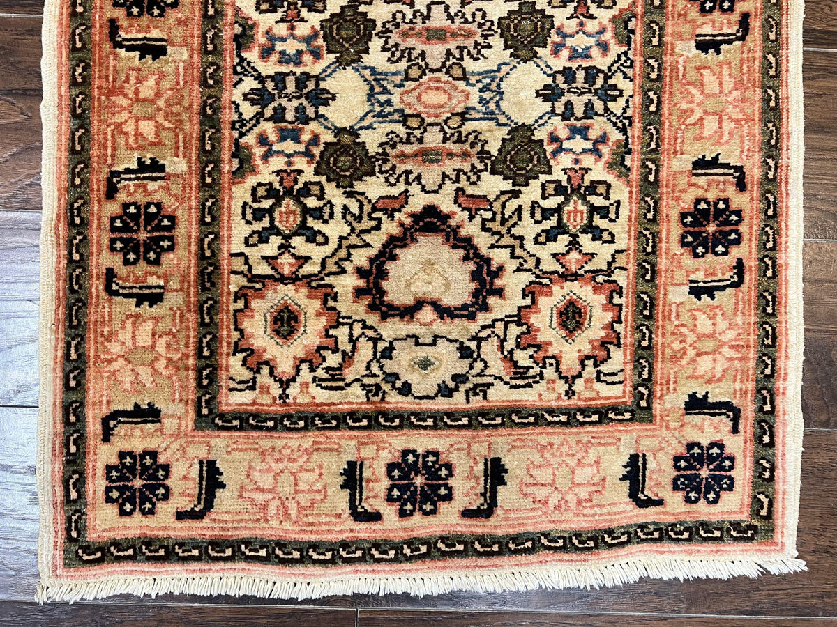 Romanian Runner Rug 2.6 x 12.9, Wool Handmade Hand Knotted Skinny Runner for Hallway, Floral Allover, Vintage Tan Runner - Jewel Rugs, view 5