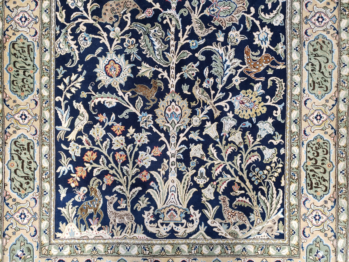 Semi Antique Persian Qum Tree of Life Rug, Hand-Knotted, Wool, Midnight Blue and Tan, Animal Pictorials, Written Poem in Borders, 4' 8" x 7' 8" - Jewel Rugs, view 11
