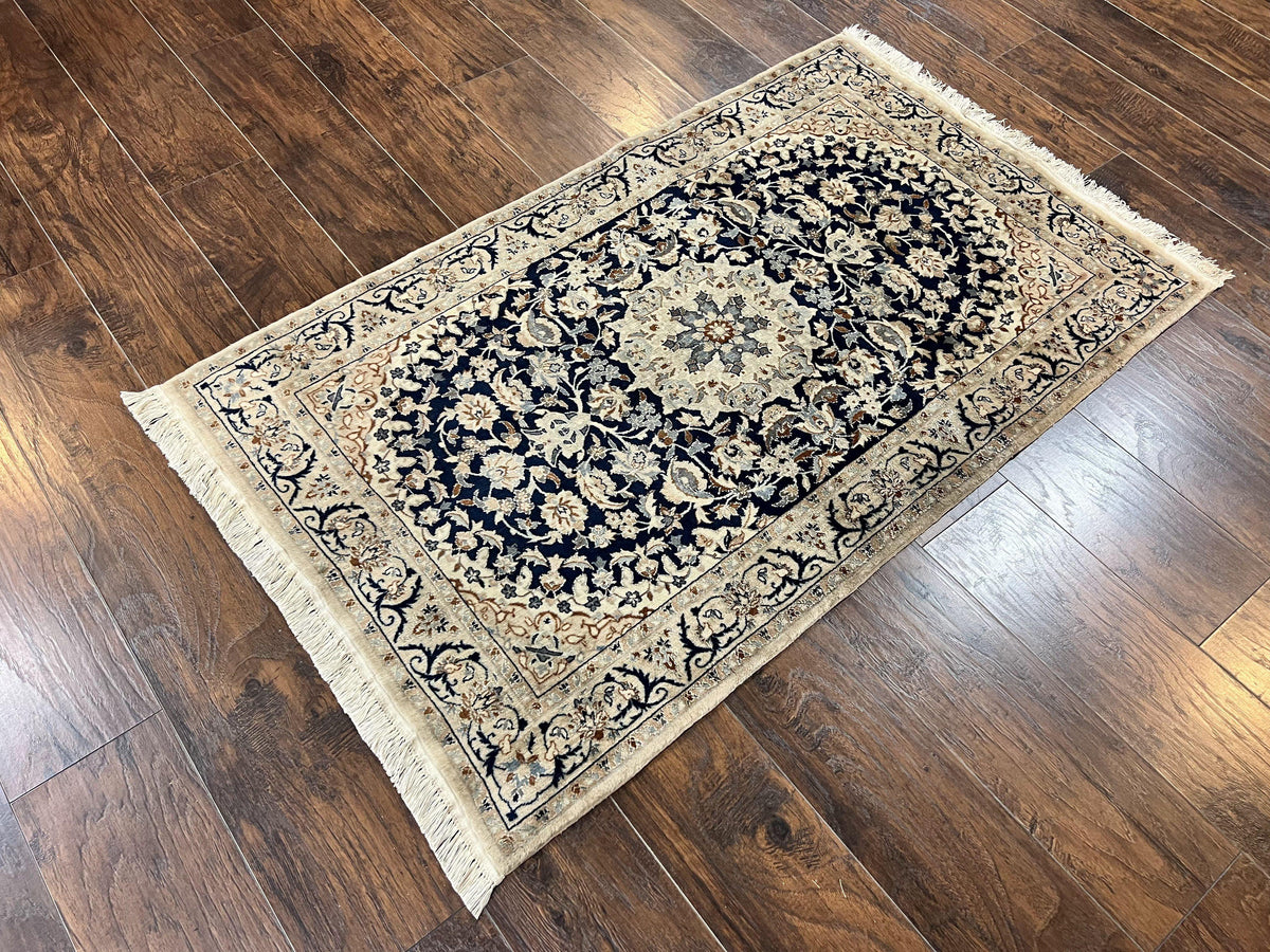 Persian Nain Rug 3x5, Floral Medallion Oriental Carpet, Very Fine Hand Knotted Handmade Wool and Silk Highlights Rug, Vintage Semi Antique - Jewel Rugs, view 3
