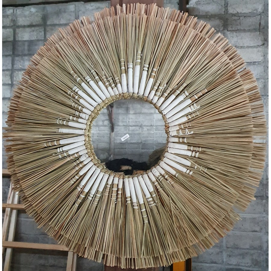 Straw Mirror with White Thread Small