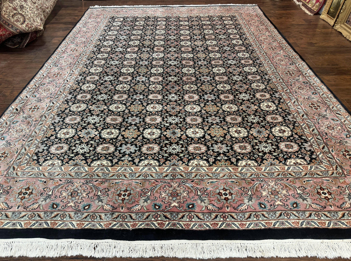 Indo Persian Rug 9x12, Vintage Handmade Wool Carpet, Repeated Allover Motif, Navy Blue and Pink - Jewel Rugs, view 2