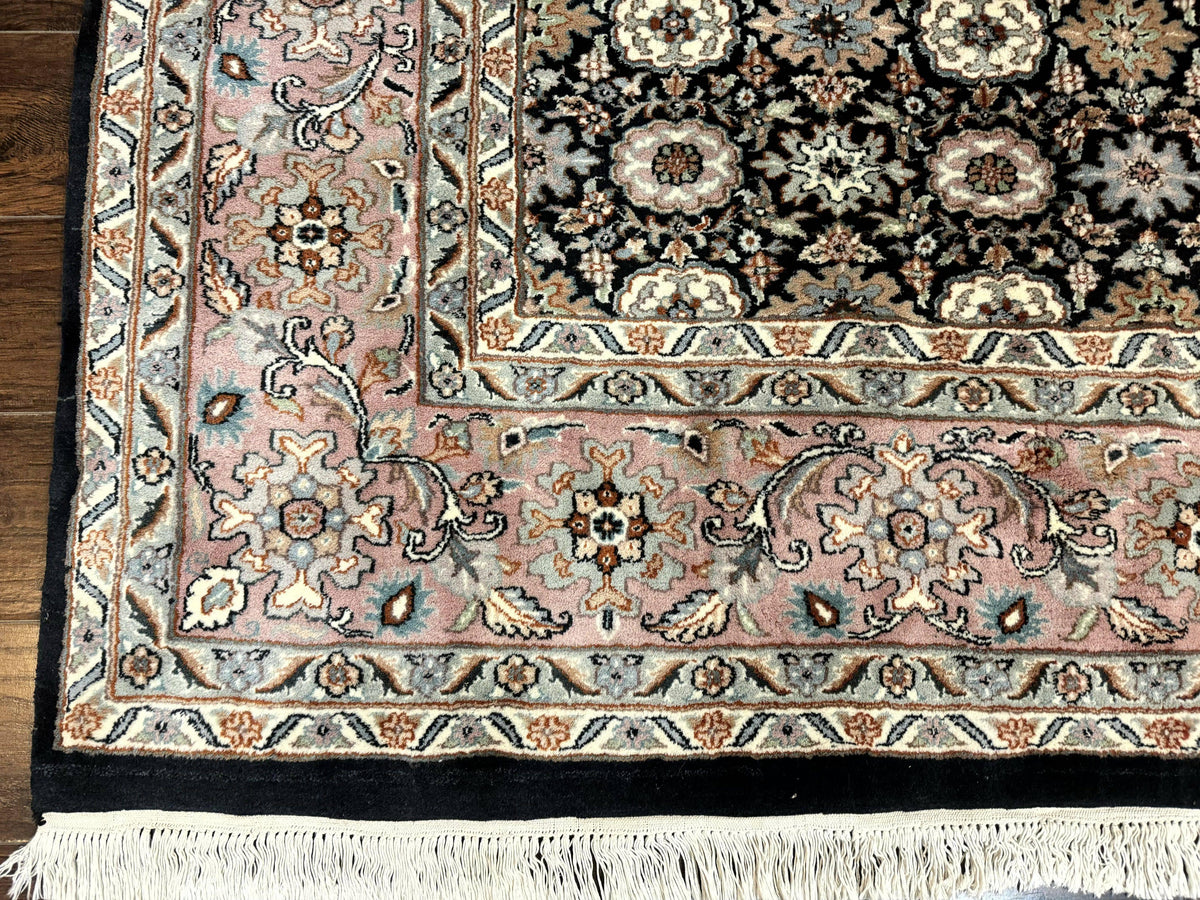 Indo Persian Rug 9x12, Vintage Handmade Wool Carpet, Repeated Allover Motif, Navy Blue and Pink - Jewel Rugs, view 9