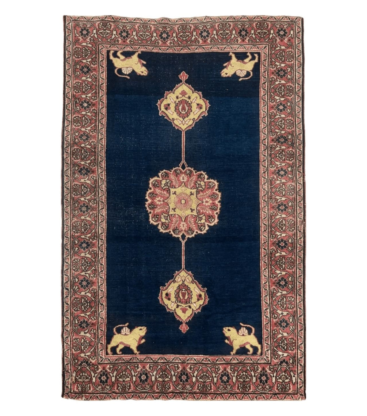 Antique Persian Mashad Rug 4x6, Semi Open Field, Navy Blue, Lion Pictorials, Triple Medallion, Dorokhsh Rug - Jewel Rugs