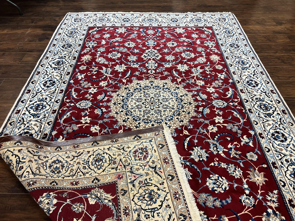 Persian Nain Rug 6x10, Wool and Silk Highlights, Red and Ivory, Floral Medallion, Vintage Handmade Hand Knotted, Fine 225 KPSI, Traditional Rug - Jewel Rugs, view 11
