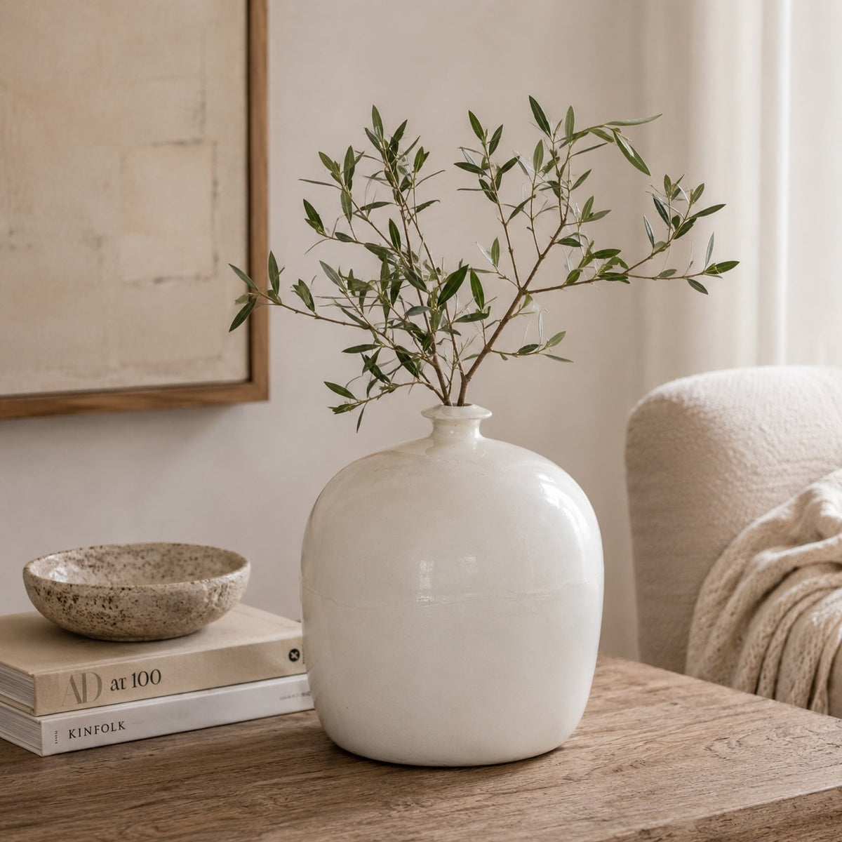 11" H Off White Ceramic Vase with small opening
