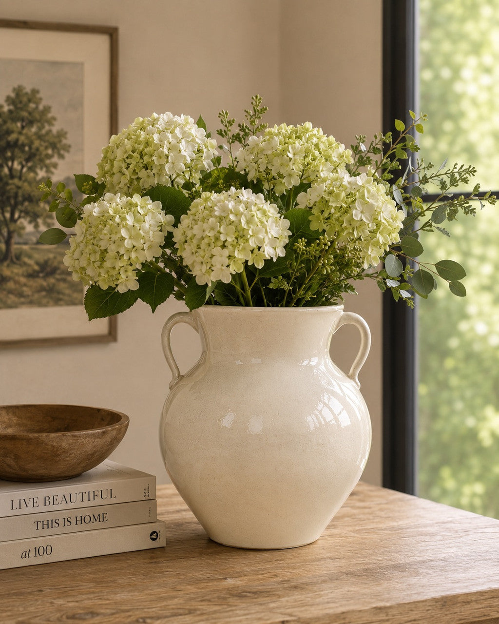 Approx. 9" Off White Ceramic Pot with Two Handles (4.9" Opening)